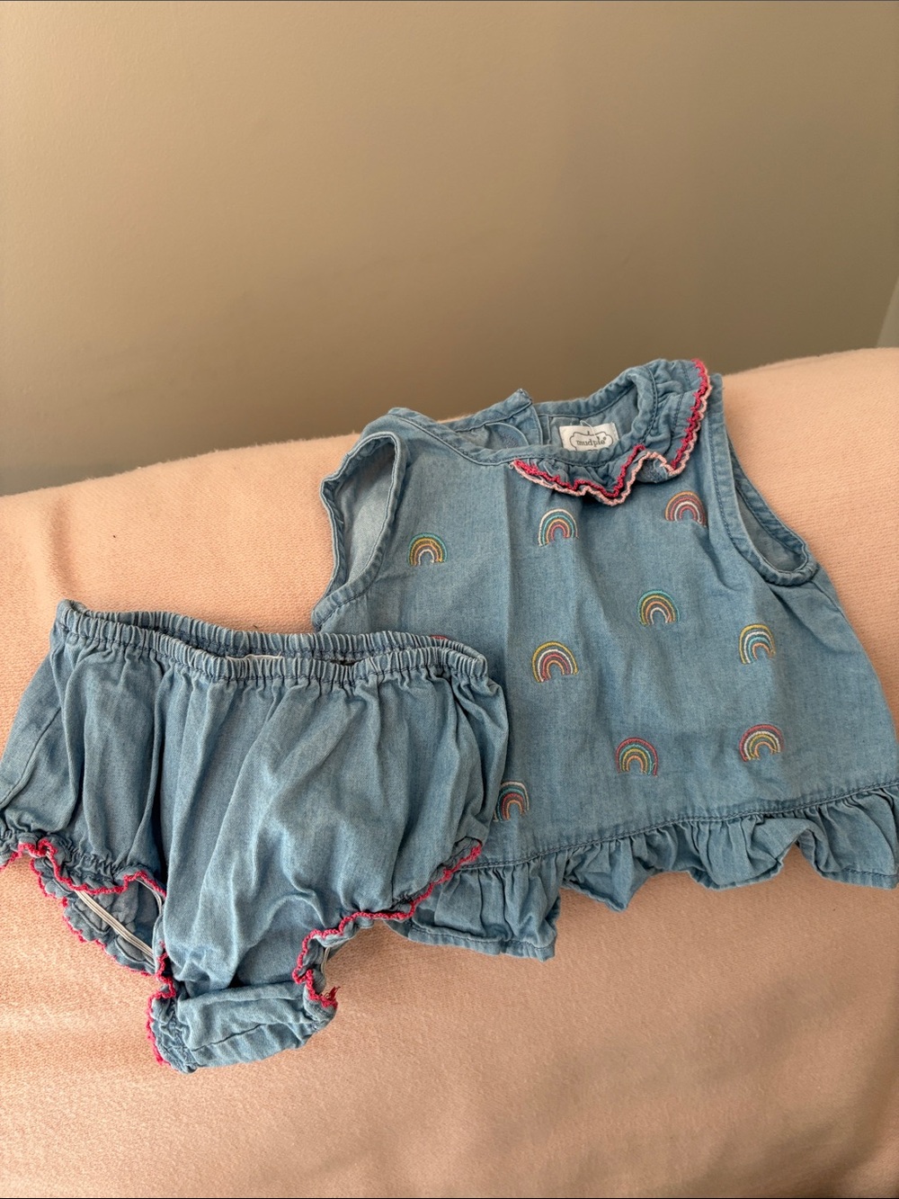 MudPie Baby Light Blue Denim Rainbow Top & Bloomers Set 6-9m